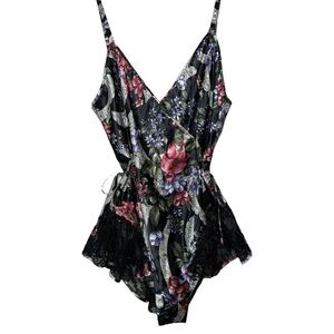 Vtg Victoria’s Secret Gold Label Lingerie Teddy Bodysuit Sz Med Black Floral 80s